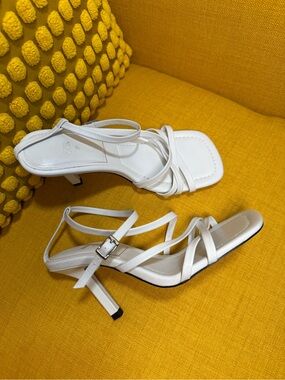 White Strappy Zara Leather Mid-Heel Sandals